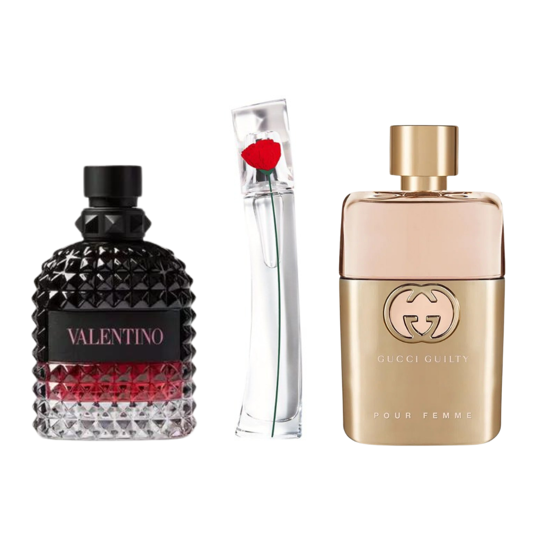 Kit de 3 perfumes Gucci Guilt, Valentini Intense y Flower Kenzo 100 ml