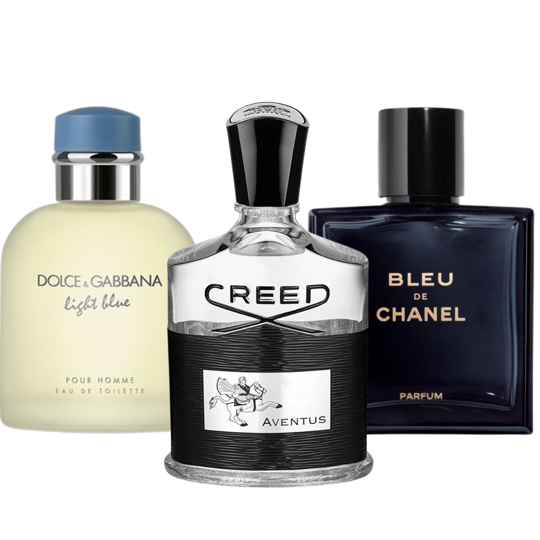 Kit de 3 perfumes Bleu de Chanel, Creed Aventus y Light Blue Dolce & Gabbana 100 ml